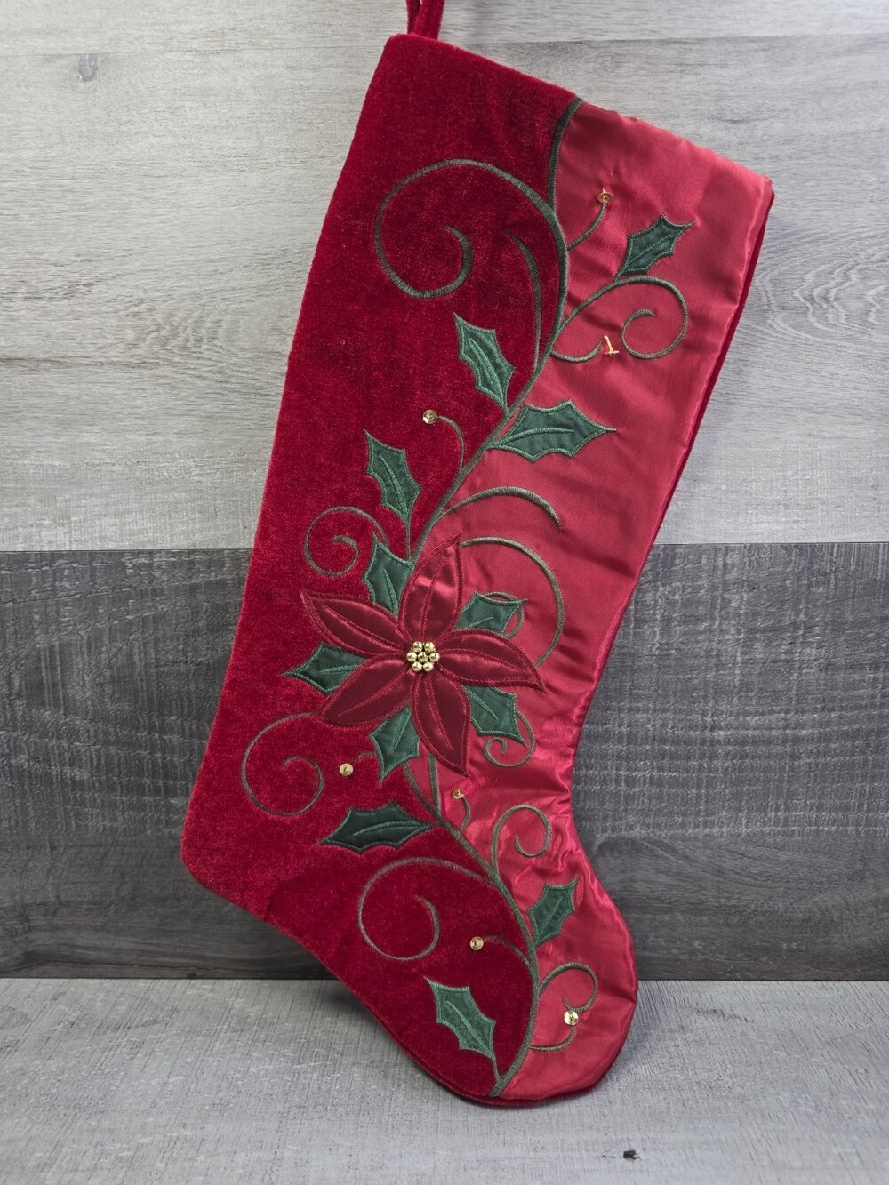 Vtg Prima Creations Stocking Red Poinsettia Embroidered Christmas 80s b140